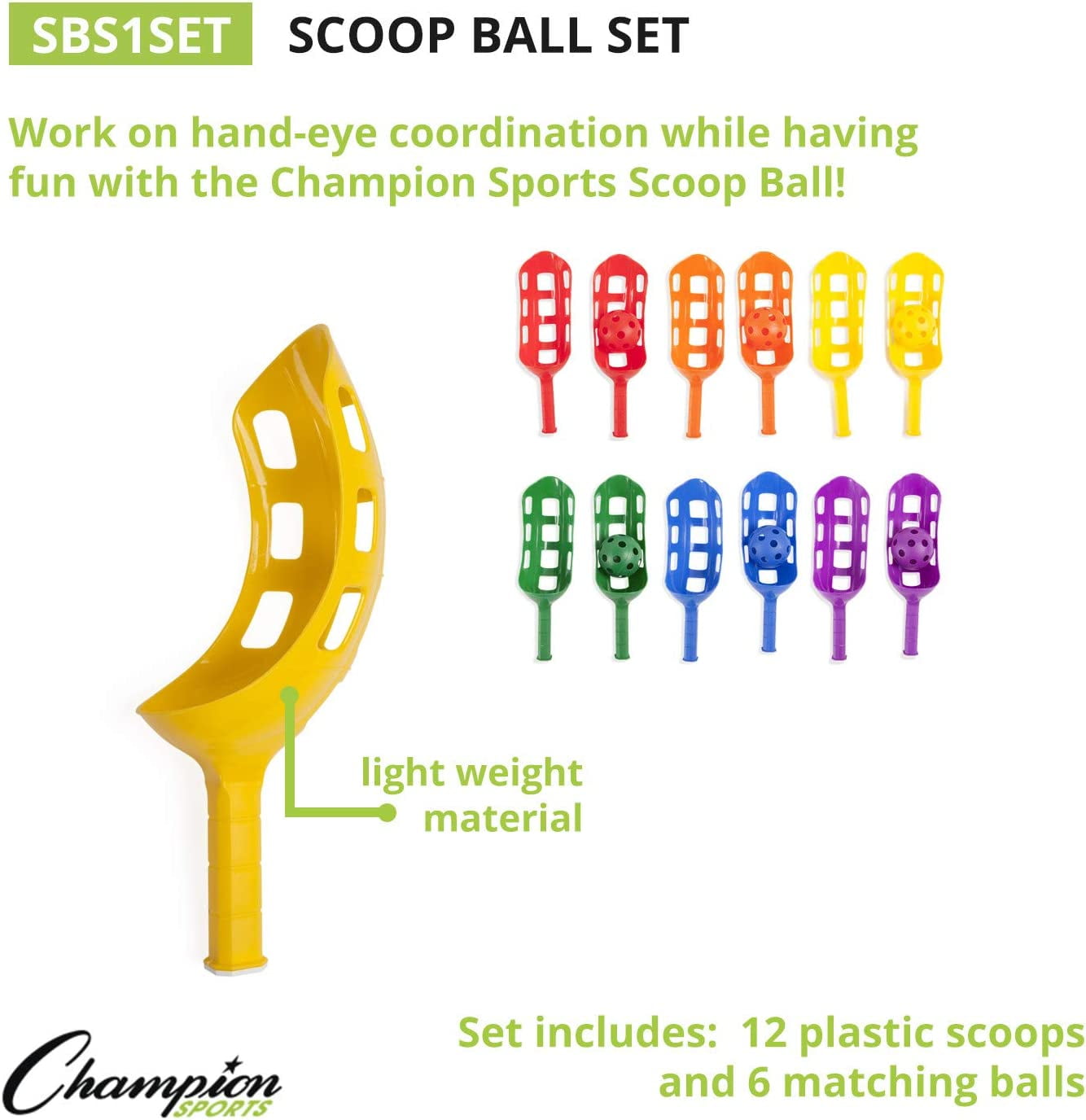 Champion Sports Scoop Ball Game Set, Plastic, Two Per 6 Assorted Colors, 12 Scoops, 6 Balls