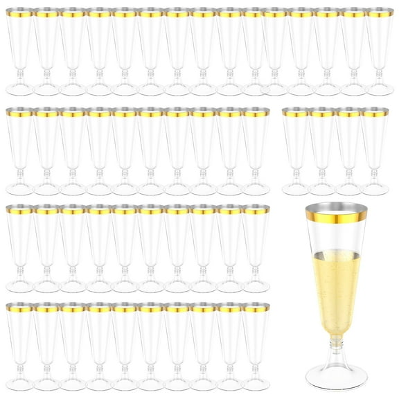 50Pcs Plastic Cups Unbreakable PP Champagne Flutes Gold Clear Grip Easy Clean Wine Glasses for Weddings