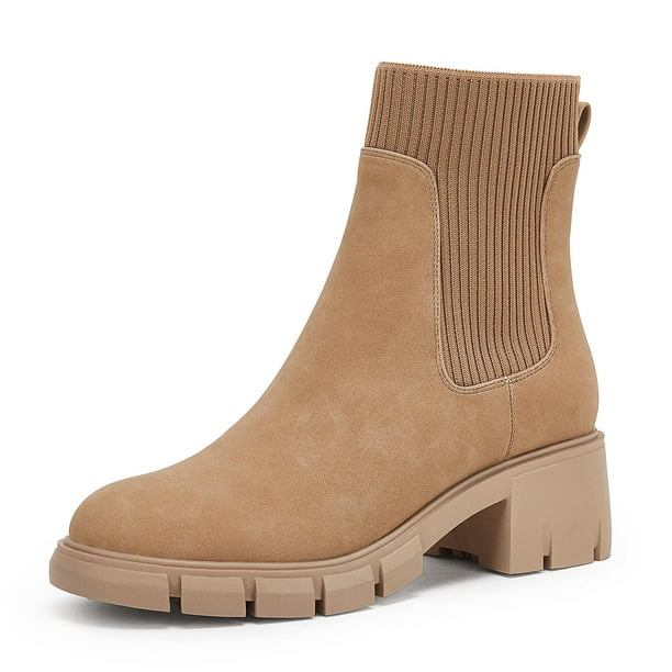 Saodimallsu Women Lug Sole Platform Ankle Boots Elastic Slip On Casual