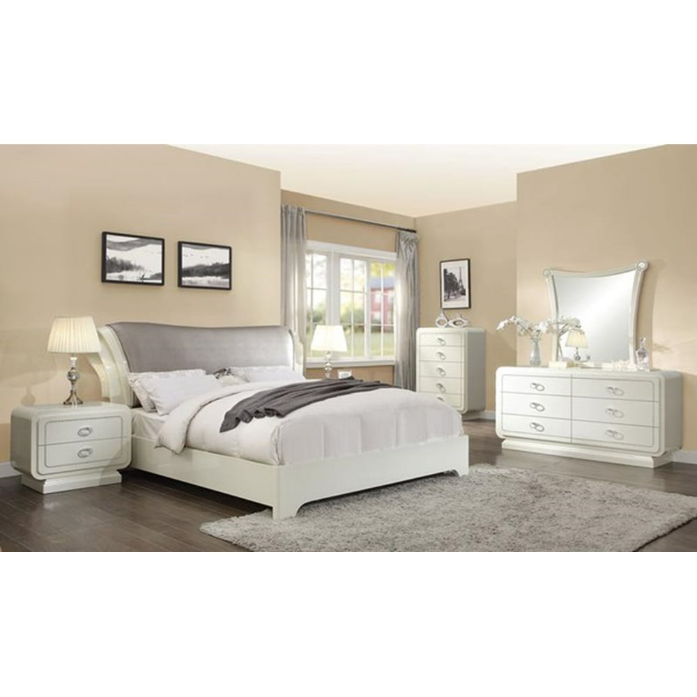 4pc Modern Ivory Color Headboard PU Eastern King Size Bed Bedroom