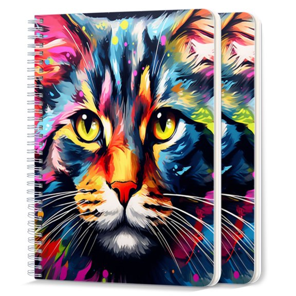 Spiral Notebook,College Ruled Journal,8.26" x 5.71" 50 Sheets/100 Pages,2 Pack - Colorful Cat Face in The Style of Digital Painting