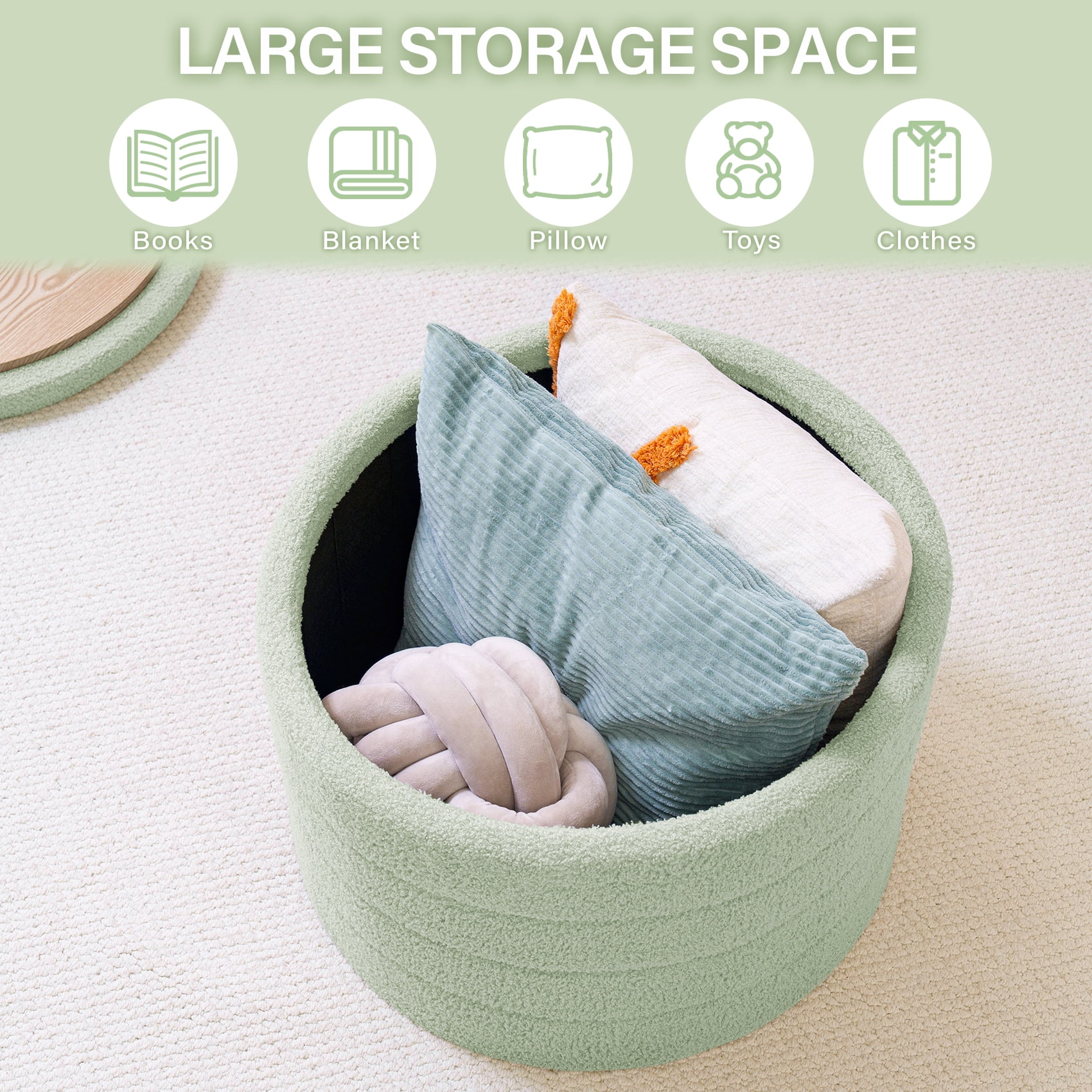 B FSOBEIIALEO Round Storage Ottoman with Tray for Living Room, Perfect for Adults & Kids with Extra Storage Space(Green)
