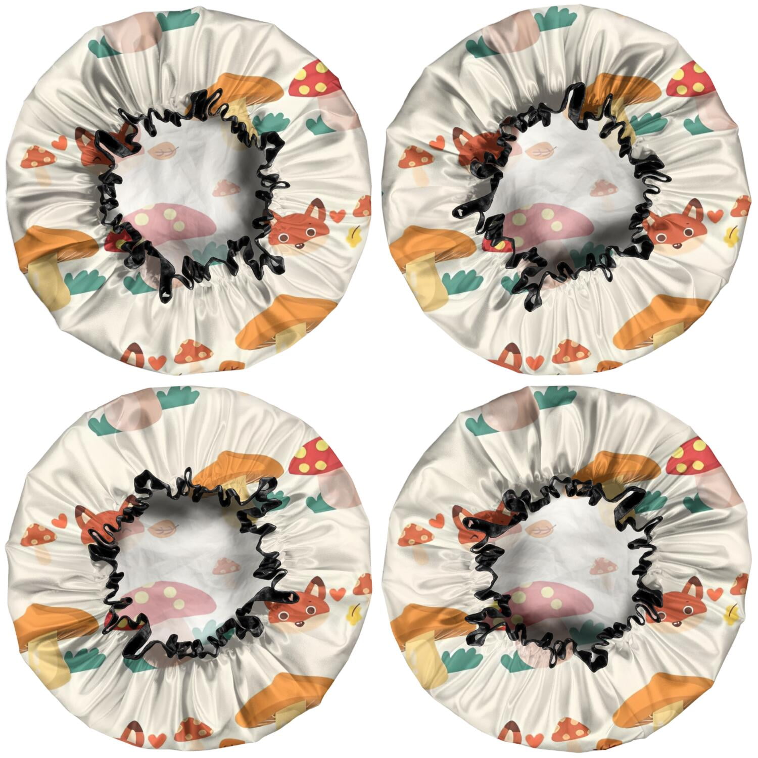 Shower Caps,Orange Mushroom Fox Light Pattern Waterproof Shower Cap for Women 4 Pieces,Double Reusable Hair Cover for Shower PEVA Elastic Stretch Hem