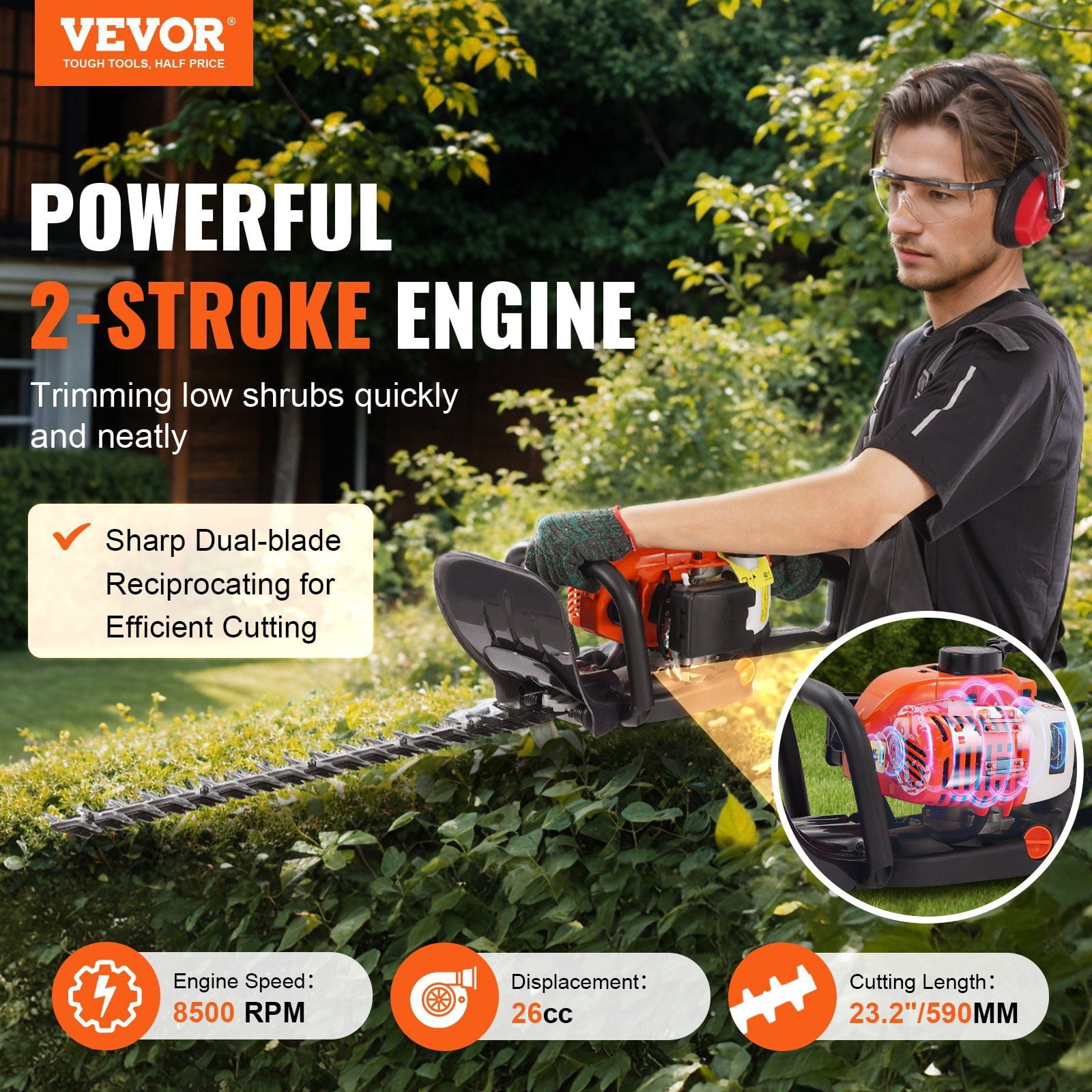 CAFORKP  23.2" Gas Powered Hedge Trimmer with 180° Adjustable Head & Anti-Vibration, 26CC 2-Cycle Engine for Lawn Garden Shrub Maintenance