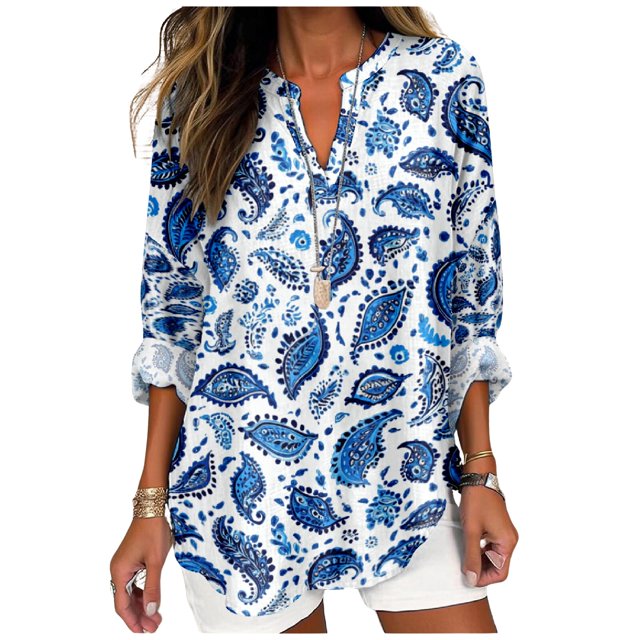 Top tipo túnica MARSVOVO azul con estampado de cachemir y cuello en V para mujer 2XL