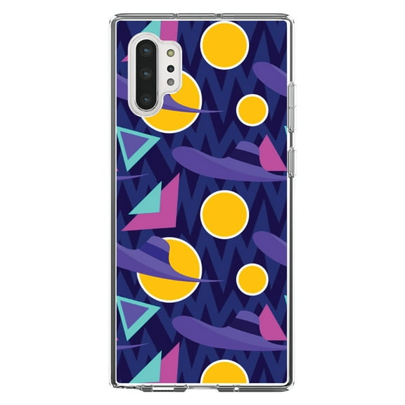 DistinctInk Clear Shockproof Hybrid Case for Galaxy Note 10 PLUS (6.8" Screen) - TPU Bumper, Acrylic Back, Tempered Glass Screen Protector - Pink Purple Yellow 90s Pattern - Relive the 90's