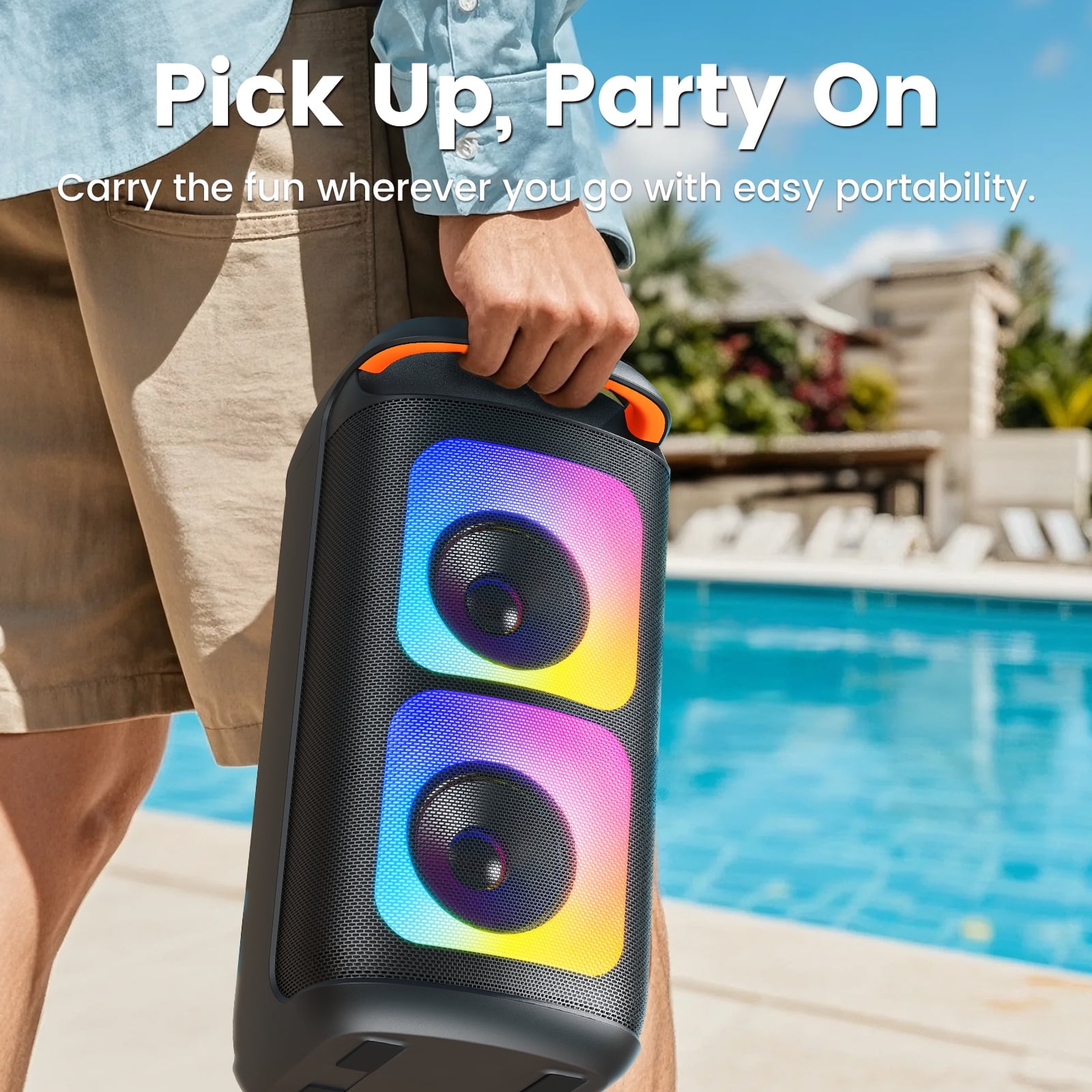 FanFun Bluetooth Speaker with 2 Microphones, Portable Speaker with LED Lights for Party, Powerful Sound, Deep Bass