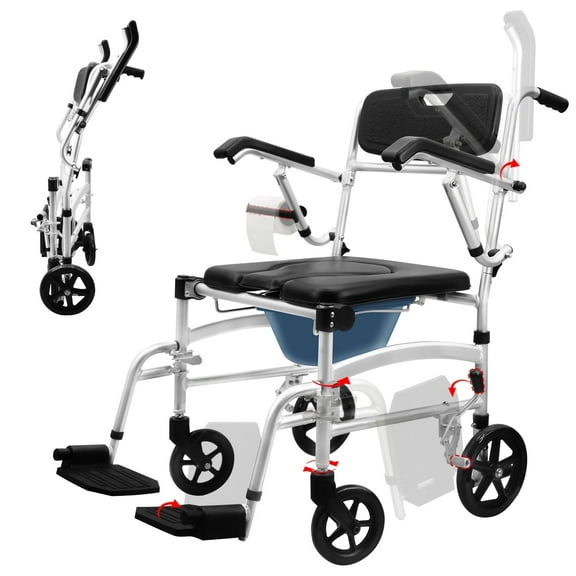 Multifunctional Bedside Commode, Shower Chair with Wheels, Transport Wheelchair & Bath Seat for Elderly, Foldable Arms, Removable Bucket, 270 lbs Capacity