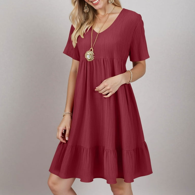 vigerkar Women's Summer Empire Waist Dress Smocked Flutter Short Sleeve V  Neck Midi Dresses 2025 New Wine, XL - Walmart.com
