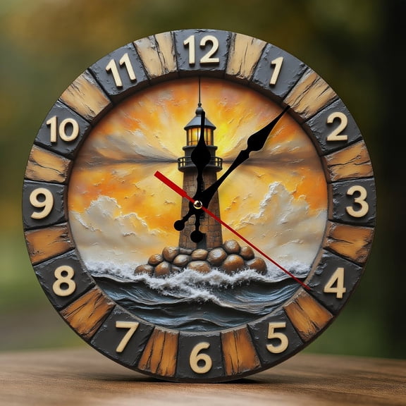 Wall Clock Decorative - Sunset Lighthouse Glow Print 2D Vintage Wall Clocks Battery Operated Silent Non-Ticking for Bedroom, Living Room, Kitchen, Office, Classroom, 10 Inch