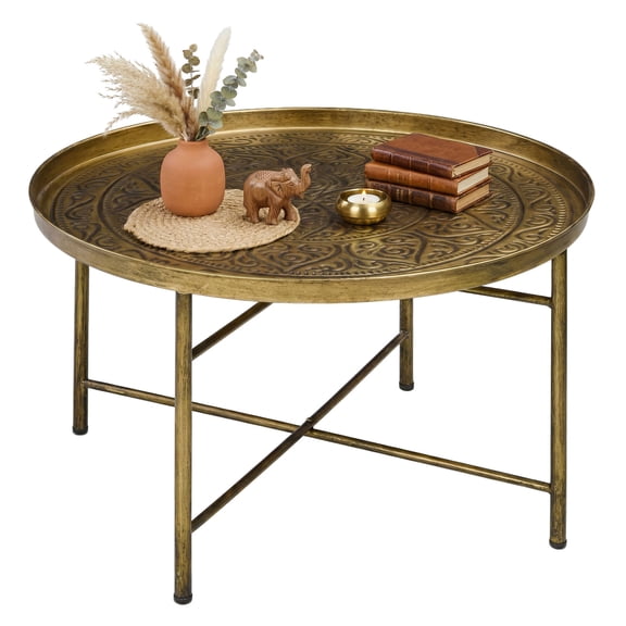 Round Coffee Table 24 Inch, Gold Metal Center Table with Hammered Tray Top, Living Room & Bedroom Accent Table, Small Circular Tables for Home Decor