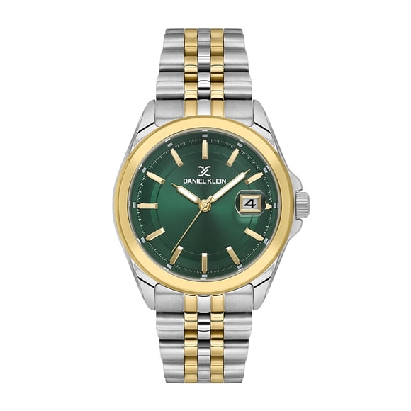 Daniel Klein Mens Watch, 42mm Metal Analog Watch, Japanese Quartz, Stainless Steel Strap - Date calendar, Jubilee Bracelet, Date Magnifier - Two-Tone / Green Dial