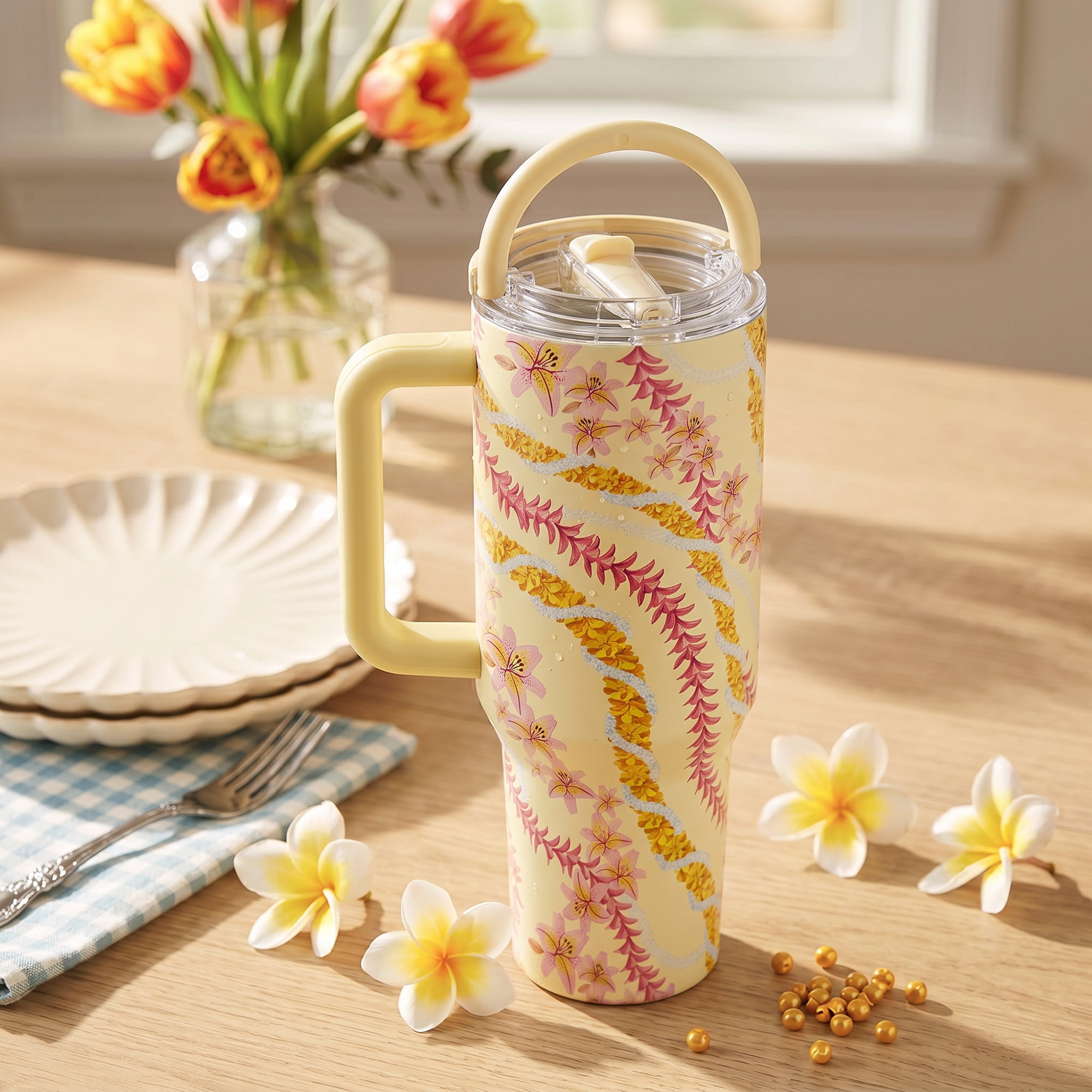 Island Crew 40 oz Yellow Floral Lei Stainless Steel Tumbler with Handle