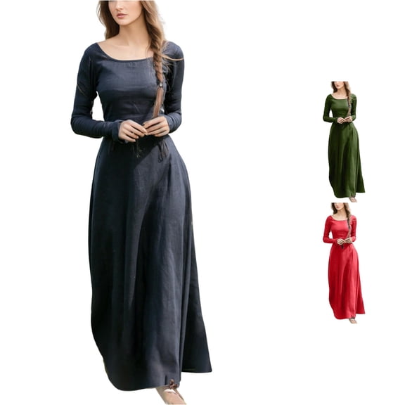 XIAONU Women's Linen Maxi Dress Long Sleeve Round Neck Renaissance Casual Vintage Dress