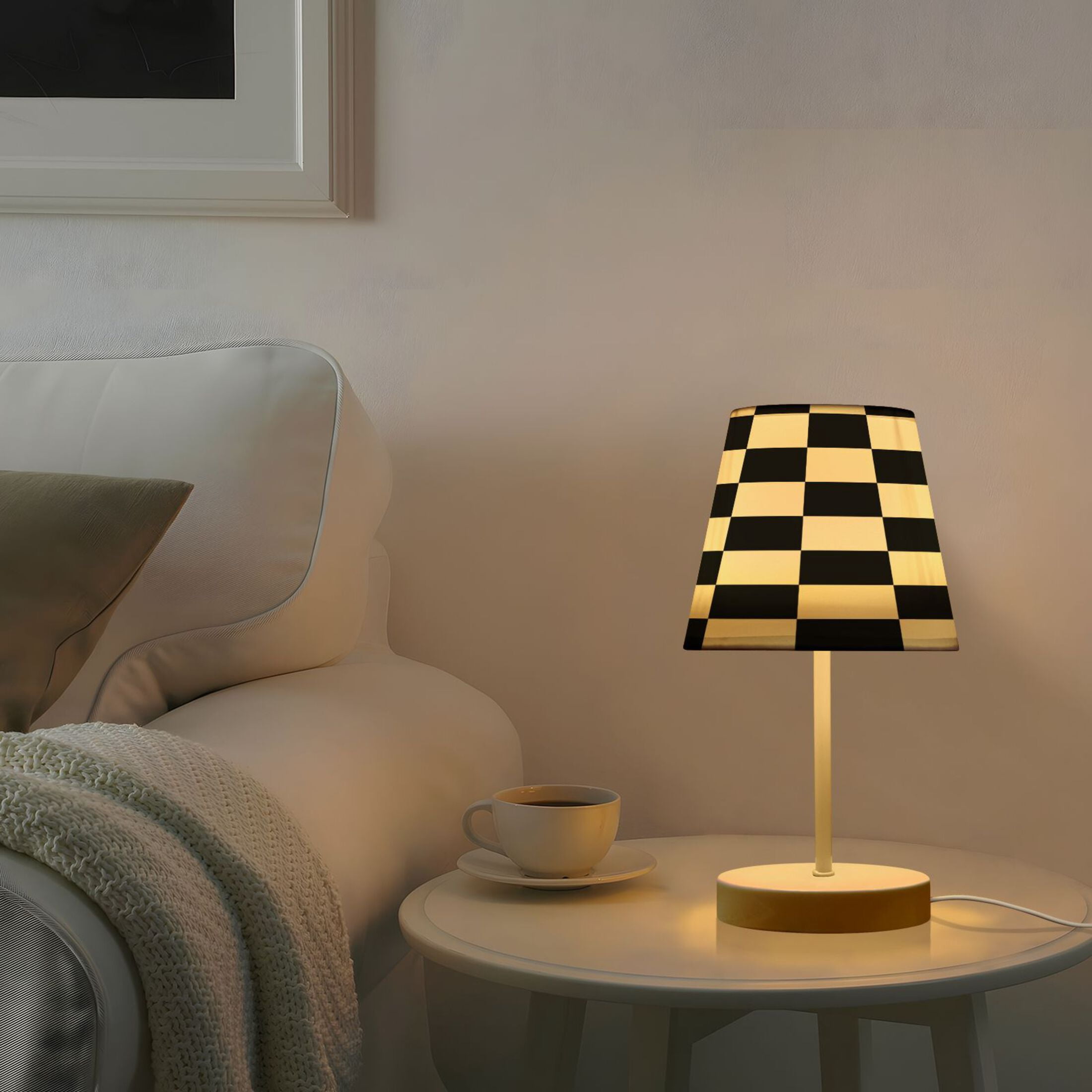 Ryvnso LED Bedside Table Lamp White and Black Checkered Grid Art Pattern Bedroom Desk Lamps Nightstand Lampshade M