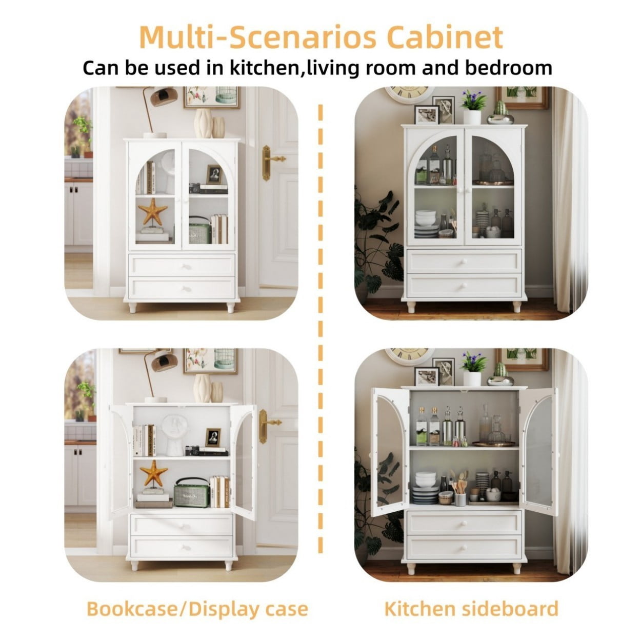 White Farmhouse Storage Cabinet, Arched Glass Door Buffet Sideboard with 2 Drawers & Tiered Top, Kitchen Pantry Cabinet for Dining Living Room Coffee Bar