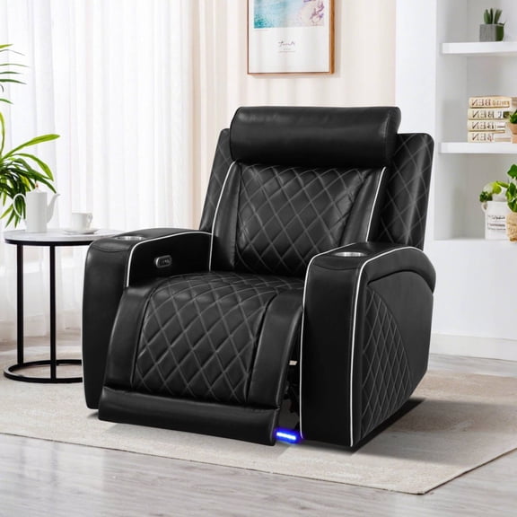 Electric Power Recliner Chair with Cup Holder, Adjustable Headrest Leather Recline Home Theater Seating with USB Port,Led, Black