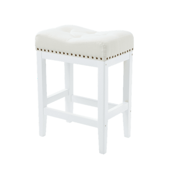 24 Inch Counter Height Bar Stools Set of 2 - Backless Farmhouse Style, Upholstered Fabric Linen with Solid Wood Legs, Small Space Friendly for Kitchen Island, Easy Assembly, Cream White