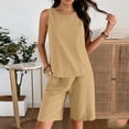 thumbnail image 6 of 2 Piece Set for Women Summer Cotton Linen Casual Lounge Shorts Sets Sleeveless Top Shorts Sweatsuit Beach Vacation Outfits with Pockets Khaki, 6 of 7