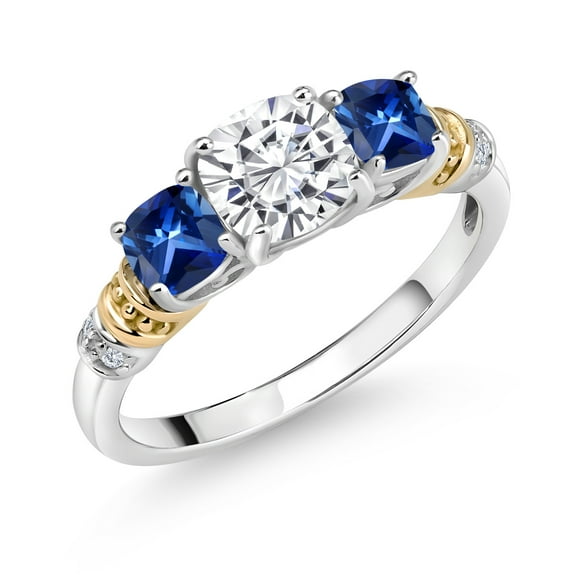 Gem Stone King 925 Silver and 10K Yellow Gold Moissanite Blue Created Sapphire and Diamond 3-Stone Ring for Women (1.82 Cttw, Cushion 6MM and 4MM, Size 9)