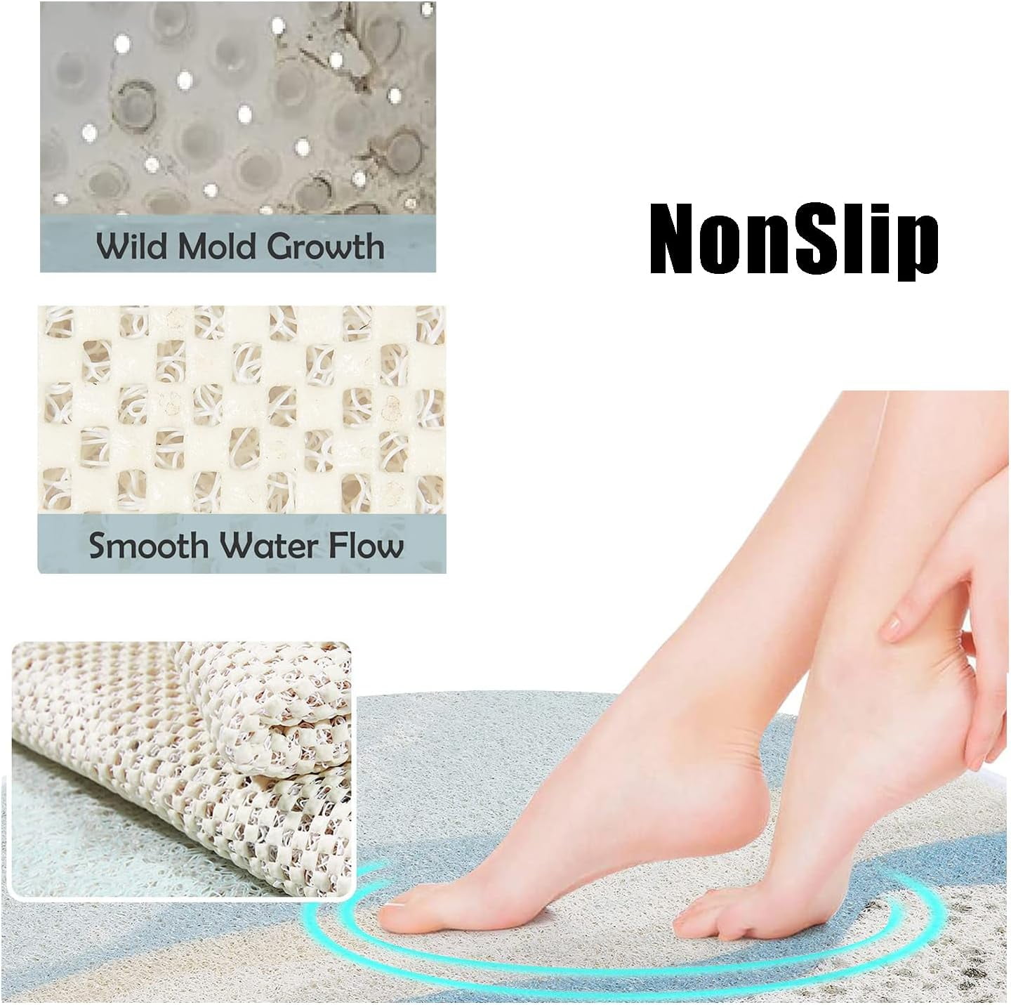 Shower Mat,Safety Comfort Shower Mat Anti Slip with Drain, Machine Washable,Round Bath Mat, 24x24 Inches (Light Blue)