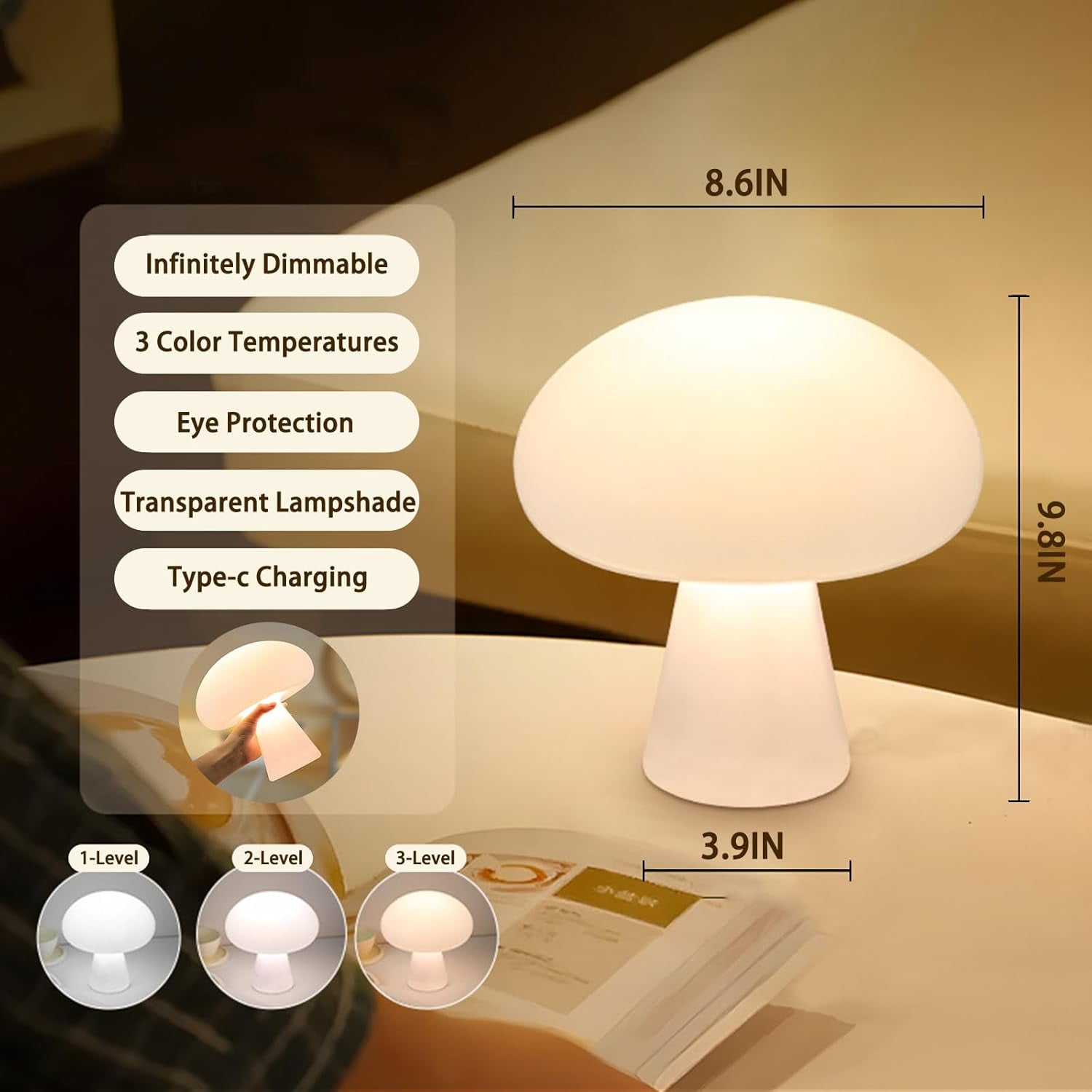AVEKI Mushroom Lamp, Cordless Mushroom Table Lamp with Touch Sensor, 3 Color Stepless Dimmable Portable USB Charging Bedside Table Lamp for Bedroom Living Room Kids Room (White)