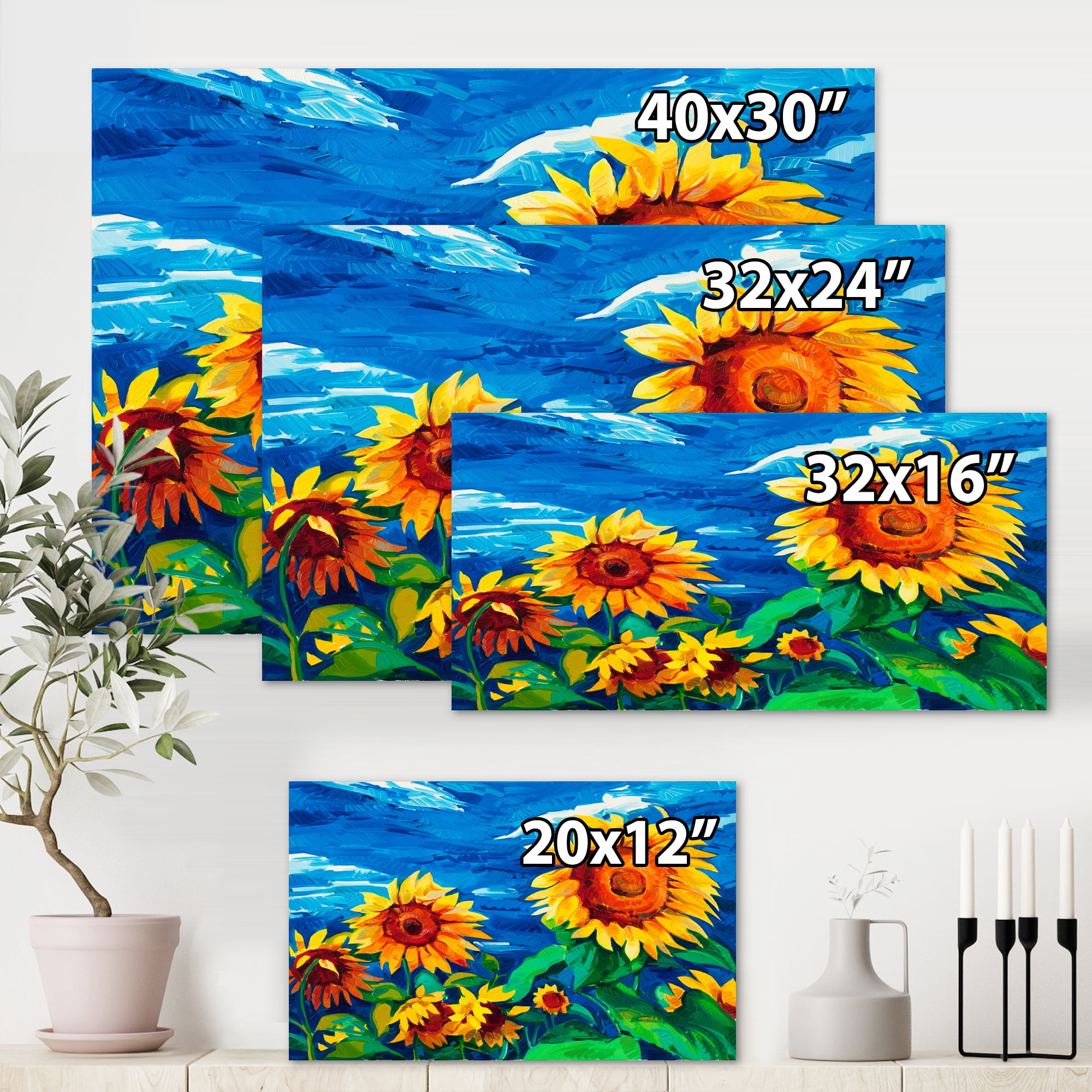 Designart ' Sunflowers Field Under A Bright Blue Sky ' Traditional Canvas Wall Art Print