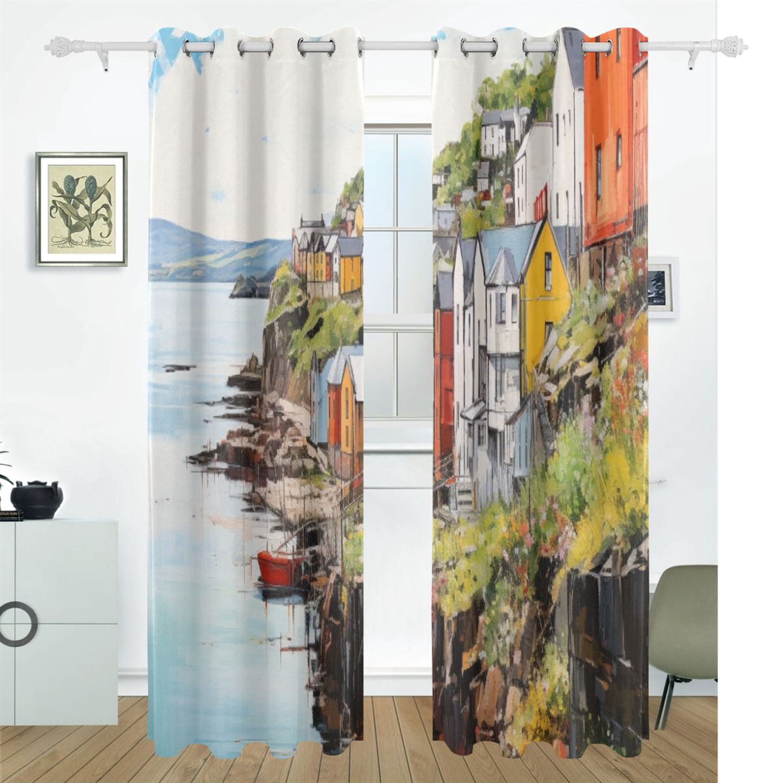 Houses Sea Painting Black Out Curtains 72 Inch Length Curtains for Sliding Glass Doors Bedroom Living Room 2 Pack