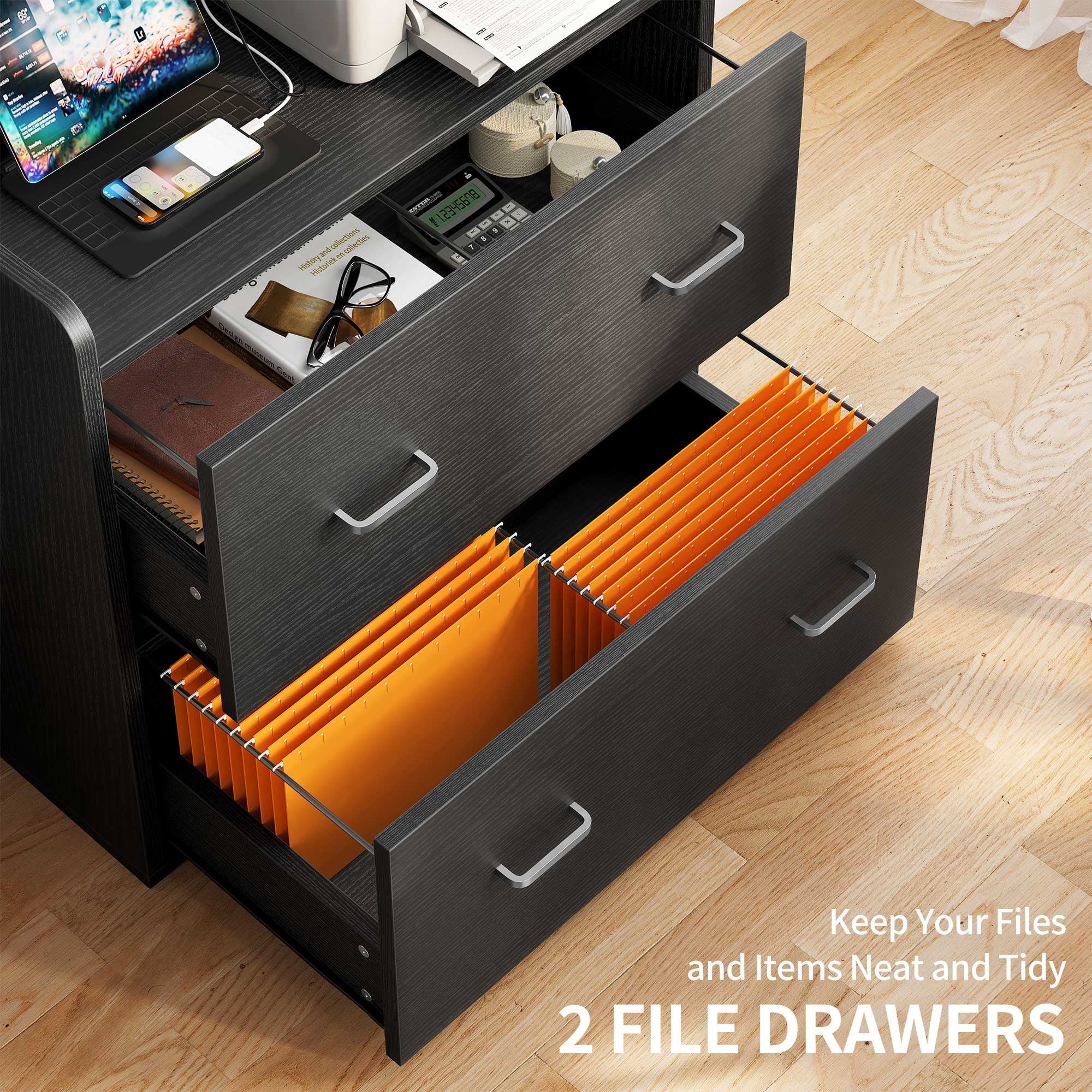 Dextrus 2 Drawer File Cabinet with Charging Station, Wood Lateral Filing Cabinet Printer Stand Fits A4 Letter Legal Size Files, Black