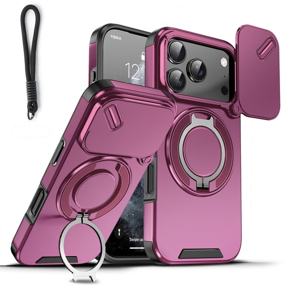 Dteck Magnetic Case with Wrist Strap for iPhone 18 Pro Max,Shockproof TPU PC Case Built-in with Ring Holder Kickstand Slide Lens Cover for iPhone 18 Pro Max,Cherryred