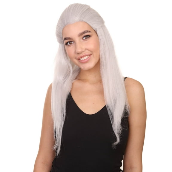 CW Premium Men's Long White Straight 20' Warlock Cosplay Wig - Lace Front Heat Resistant Fibers - Pulled Back Pony Tail