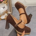 thumbnail image 2 of Hinvhai Womens Platform High Heels Chunky Block Heel Closed Toe Pumps Buckle Strap Wedding Dress Shoes Coffee 7.5(40), 2 of 9