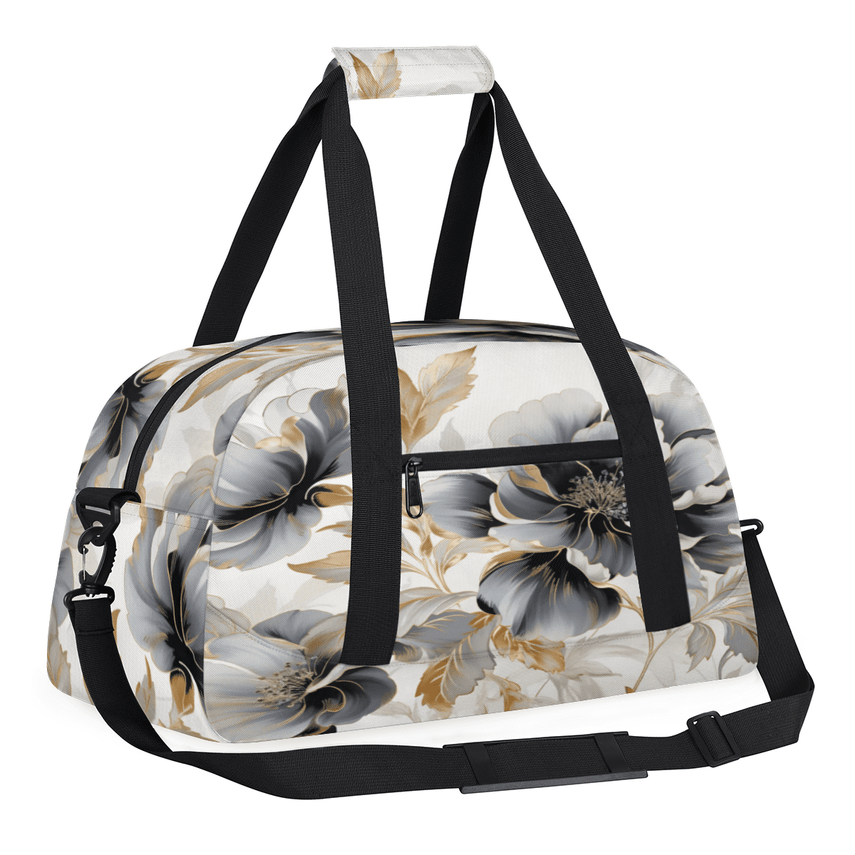 Herdesigns Marble Flower Sports Duffle Bag for Women & Men, Gray and Black Floral Gym Bag Dance Bag Overnight Bag Carry On Weekender Travel Bag