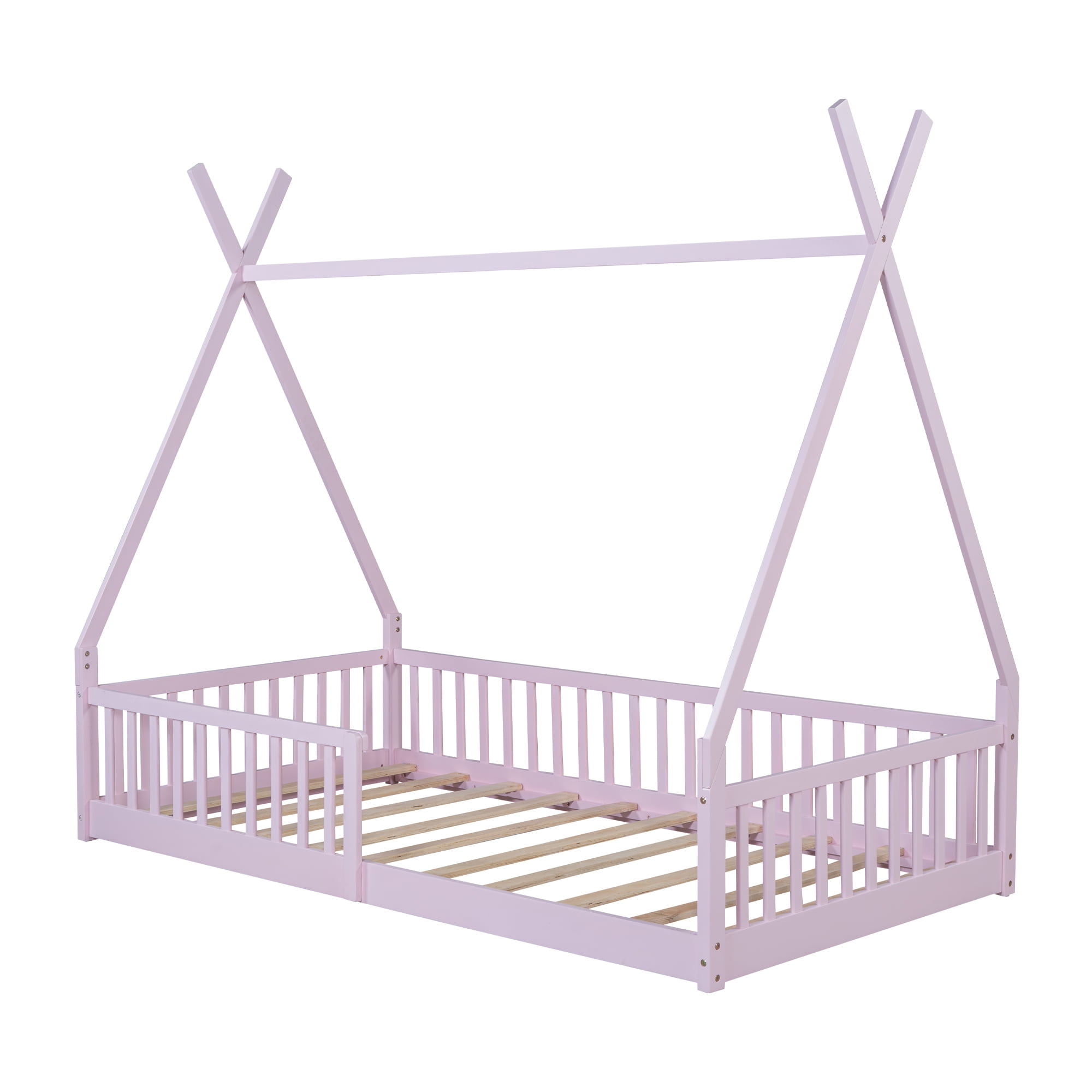 Euroco Twin Size House Platform Bed, Floor Bed with Guardrails for Kids Teens Room, Pink