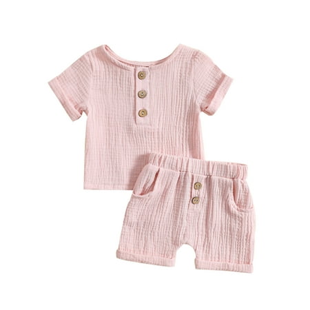

Infant Baby Boys Summer Clothes Sets Solid Color Short Sleeve Button T-Shirts Elastic Waist Shorts