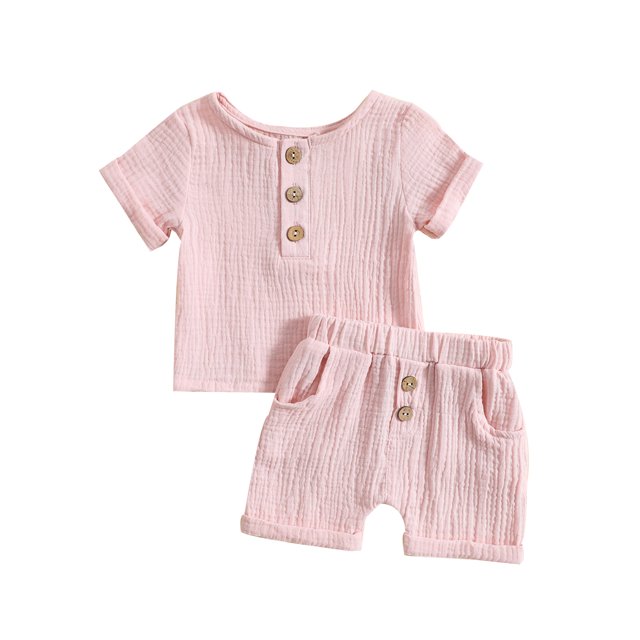 ZAXARRA Infant Boys Summer Outfits Solid Color Buttons Short Sleeve Crew Neck T-Shirts and Elastic Waist Shorts 2Pcs Clothes Set