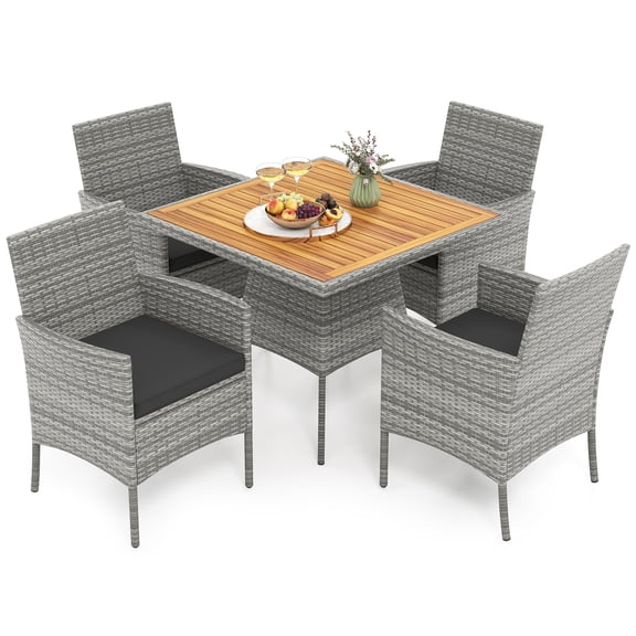 Gymax 5 PCS PE Wicker Patio Dining Set w/ Cushions & 1.97'' Umbrella Hole Outdoor