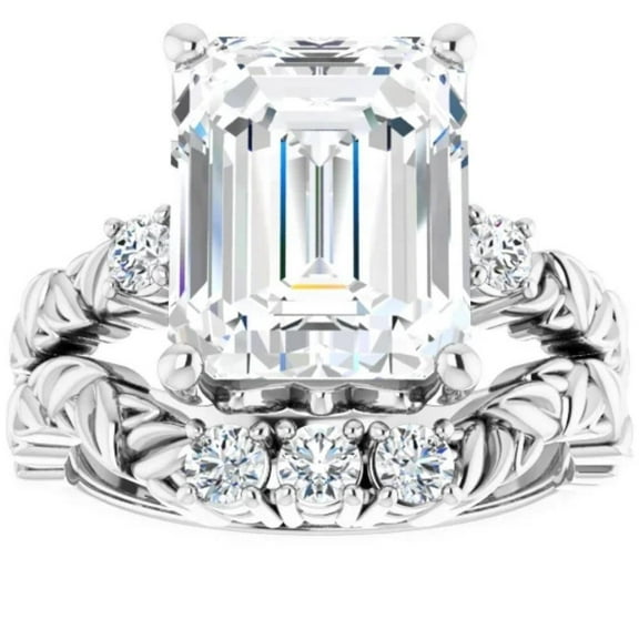Pompeii 5 1/2 Ct Diamond & Emerald Cut Moissanite Petite Leaf Engagement Set in 10k Gold
