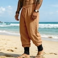 thumbnail image 6 of Mens Linen Pants Drawstring Elastic Waist Tapered Leg Pants Casual Breathable Summer Vacation Beach Trousers with Pockets, XL, 6 of 9