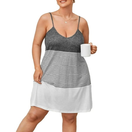 

Casual Striped Spaghetti Strap Slip Dress Multicolor Sleeveless Plus Size Nightgowns & Sleepshirts