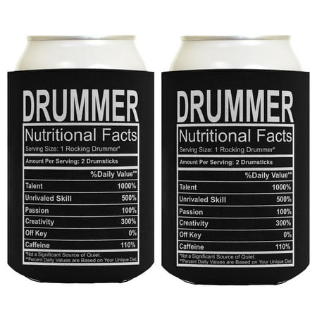 

ThisWear Musician Gifts Drummer Nutritional Facts 1 Rocking Drummer 2-Pack Can Coolie Drink Coolers Black