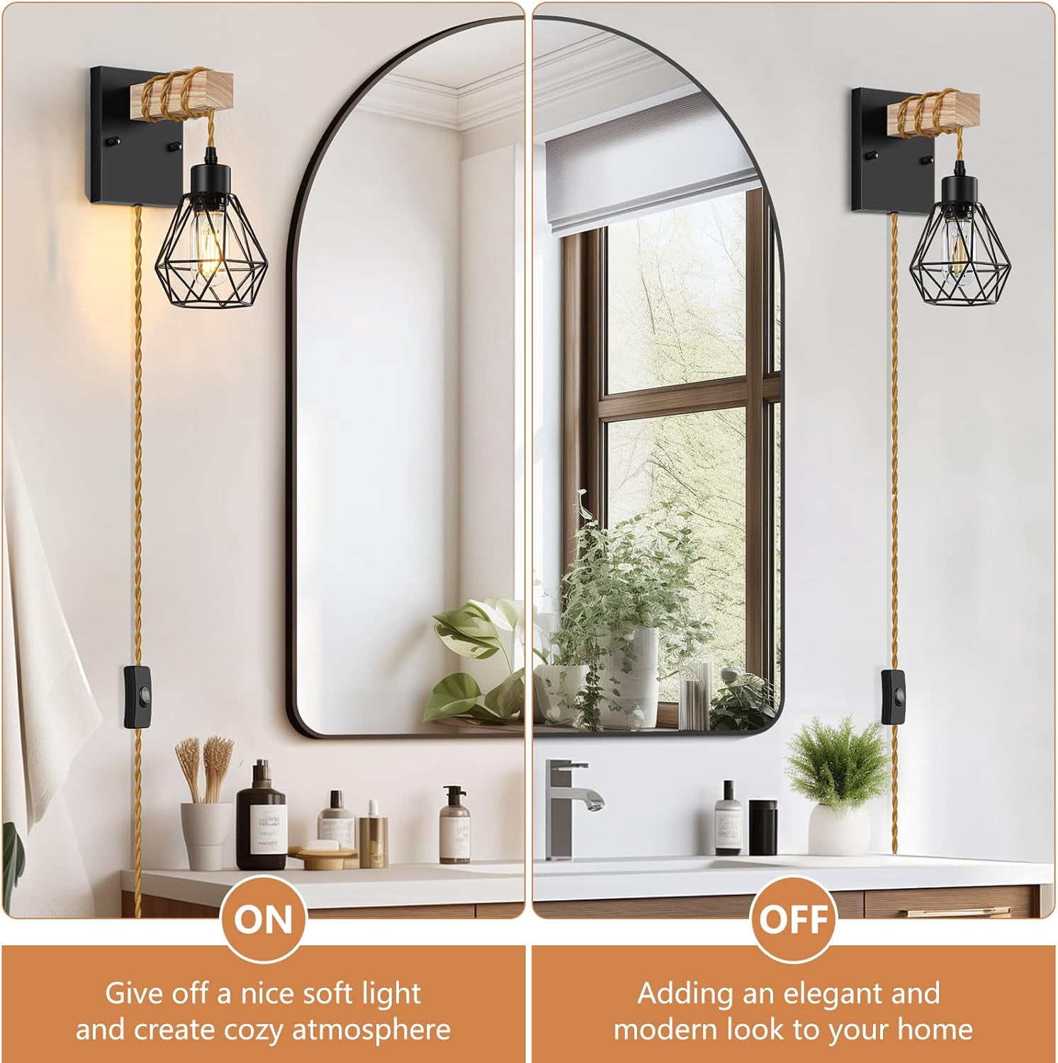 Plug in Wall Sconces Set of Two, Vintage Wood Wall Lamps with Plug in Cord, Farmhouse Wall Light Fixture with 5.25FT On/Off Switch Cord, Indoor Sconces Lighting for Bedroom Living Room