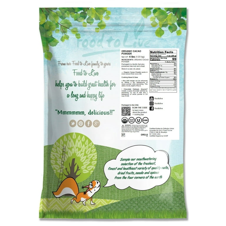 Organic Cacao Powder, 4 Pounds — Non-GMO, Kosher, Raw, Vegan