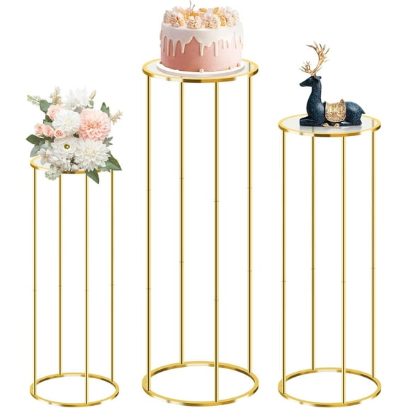 3PCS Gold Metal Cylinder Pedestal Stands - Round Plant Display Columns for Party Decor, Floral Arrangements, Vase Displays, Birthday Wedding Backdrop Decorations