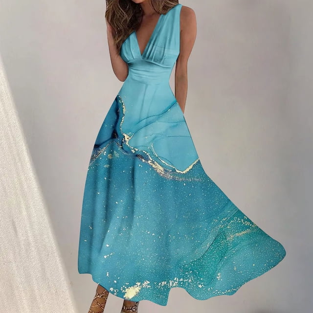 LOVZFMLL Robes Femmes Mode Printemps/été Imprimé Décontracté Col en V Sans Manches Longue Jupe
