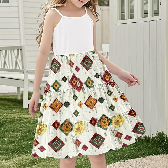 LOVZFMLL Kid's Summer Round Print Sleeveless Round-Neck Dress Princess Dress Dress For Kids