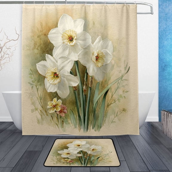 TTYFWHD 60" x 72" Shower Curtain and Bath Mat Set White Daffodils Waterproof Bathroom Curtain with 12 Hooks, Bathroom Decor Set