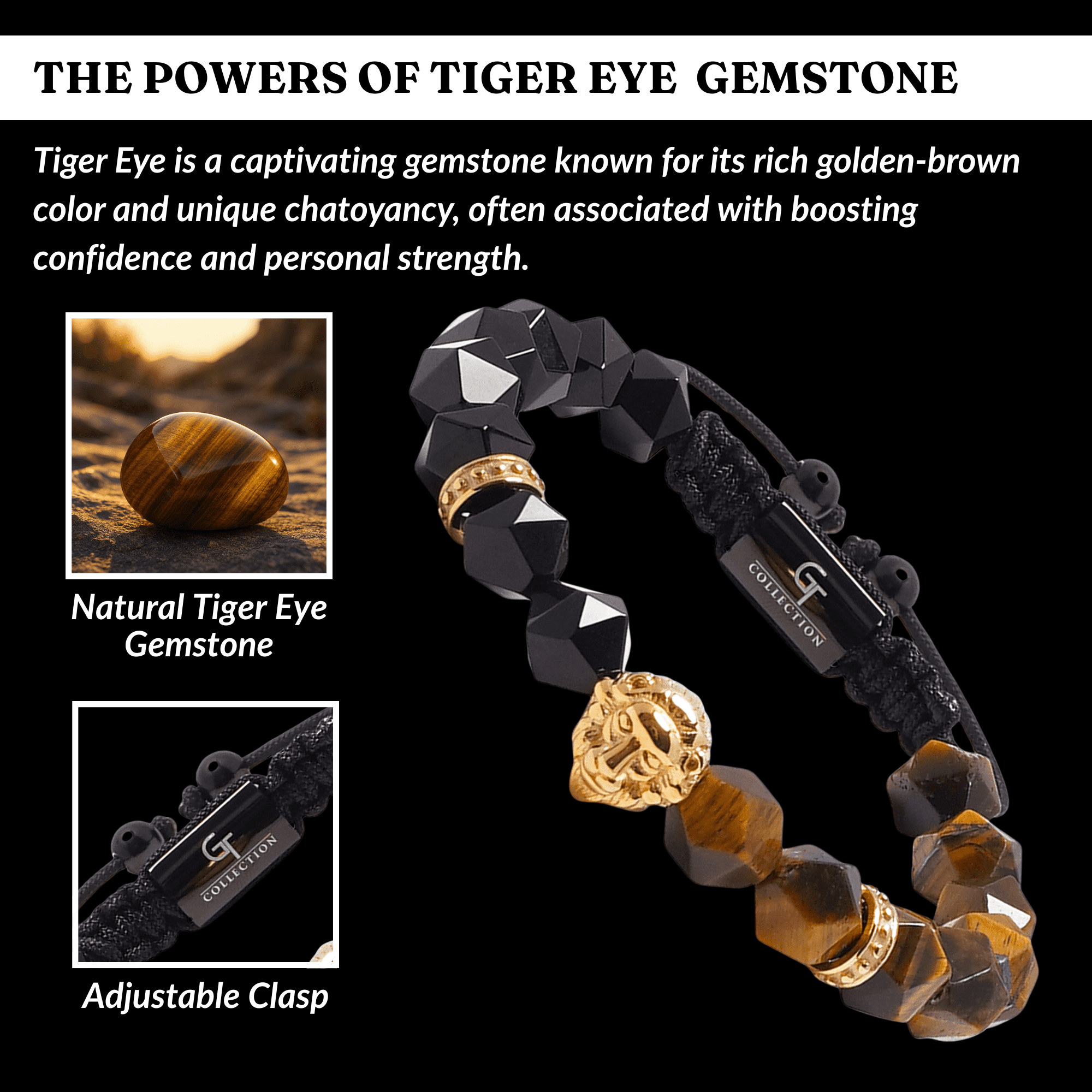 Men's TIGER EYE, ONYX Bracelet with Golden LION Head | Gift for Men | One Size Fits All | 100% Natural | Gemstone Adjustable Bracelet