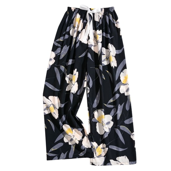 Avrnliq Womens Black Floral Wide Leg Pants, High Waisted Elastic Drawstring Waist, Casual Chic Lounge Vacation Pants,Free Size