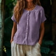 thumbnail image 6 of Oversized Tshirts for Women Linen Cotton Blend Button Down Shirt Casual Short Sleeve Neck Blouse Loose Fit Purple Summer Tops for Women, 6 of 9
